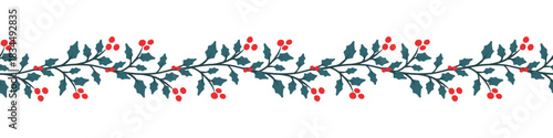 Lovely hand drawn Christmas seamless pattern, cute greenery and flowers great for textiles, wrapping, banners, wallpapers - vector design.
