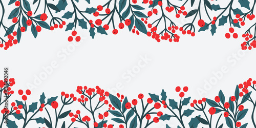 Lovely hand drawn horizontal seamless borders with winter branches, foliage, and berries. Christmas design, perfect for cards, greeting cards, and postcards - vector design.