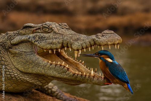 kingfisher cleaning crocodile's teeth AI generated