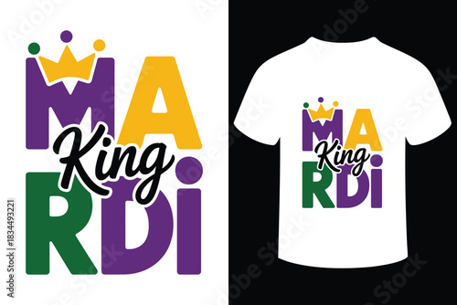 Mardi gras king design with purple gold green text and crown