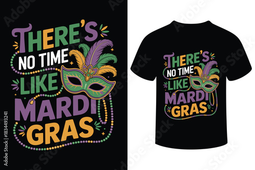 Mardi gras t shirt design with festive masks and colorful text