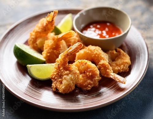 crispy coconut shrimp on a plate with lime dipping sauce and sweet chili sauce drizzle foodie citrus juicy
