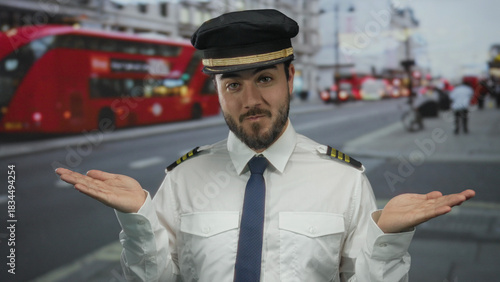 Photography Pilot man in uniform on london street with iconic red buses, expressing confusion with open hands outdoors on a busy urban road