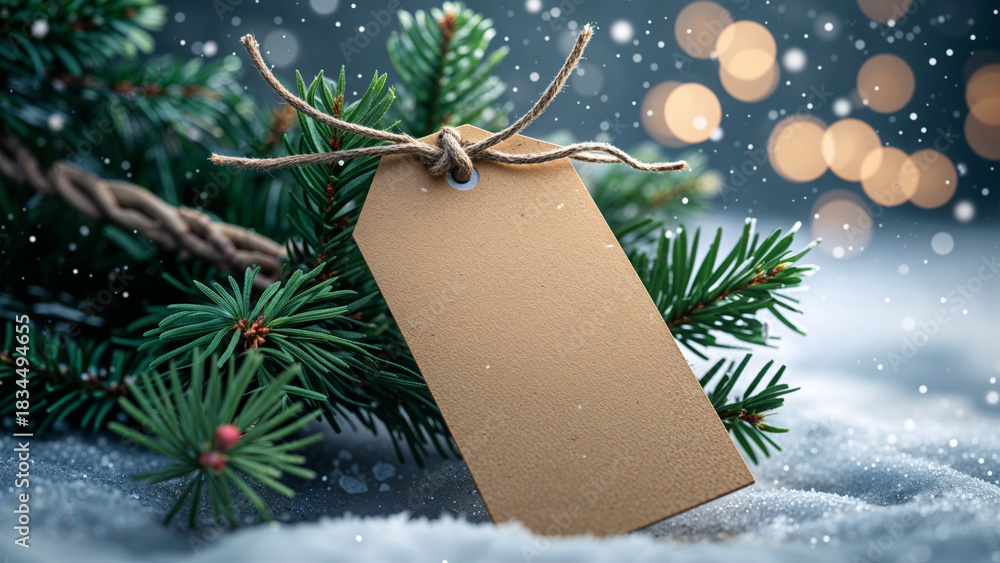 Fototapeta premium Blank Kraft Tag on Pine Branch in Snowy Christmas Scene
