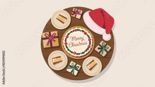 Celebration of new year with treats gifts and santa hat on wooden table
