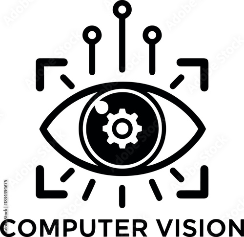 Ai technology icon vector illustration depicting computer vision with an eye, a gear inside the pupil, and connecting lines above and around it