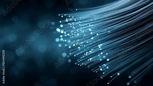 Abstract fiber optic cables glowing with blue light