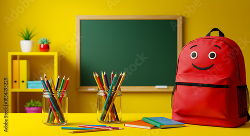 Colorful Back to School Supplies Happy Red Backpack, Chalkboard, and Pencils