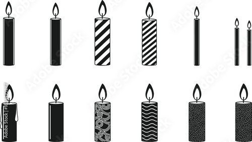 Black candle silhouettes, wax drip candles, decorative candle icons, vintage candle shapes, candle clipart, candle vector set