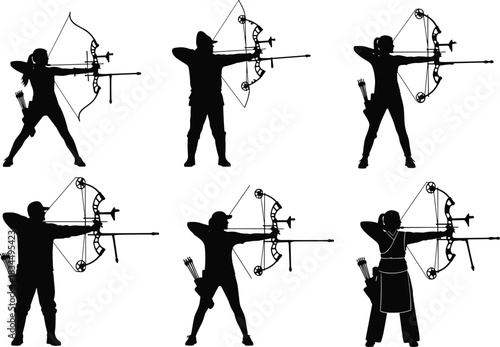 Compound bow archers, silhouette vector, modern archery poses, black icons, sports clipart, archer stance illustration set