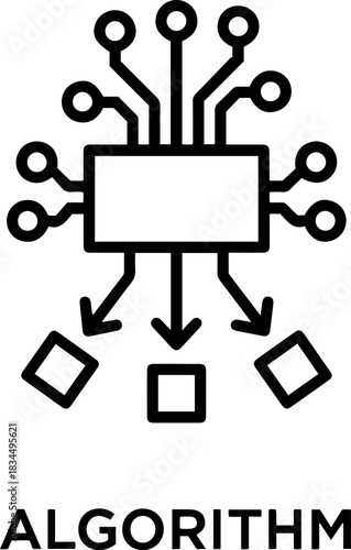 Ai technology icon vector illustration of a central processing unit with connections leading to three square outputs shown in black lines