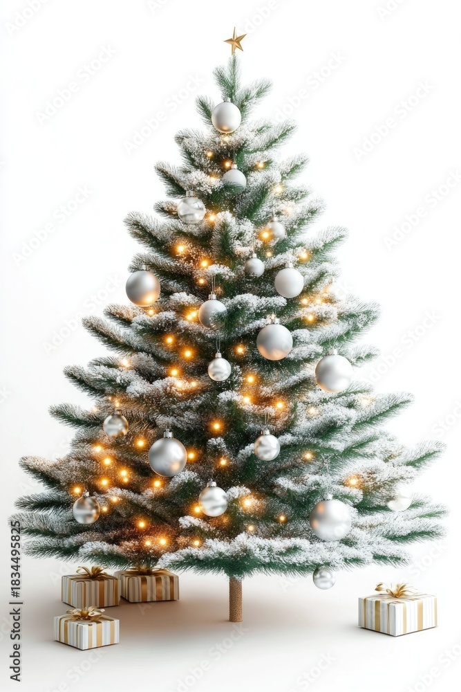 Fototapeta premium Festive christmas tree with silver ornaments and star topper