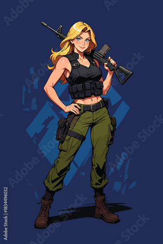 A young woman model in a military uniform holding a sniper rifle with camouflage, describing a warrior of the armed forces