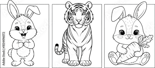 Cute cartoon coloring page set featuring a happy bunny, a tiger, and a bunny holding a carrot