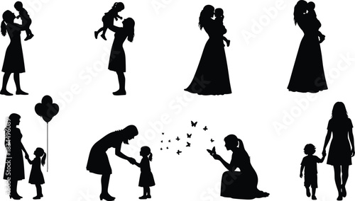 Mother and child silhouettes, nurturing moments, family love vector, caring woman clipart, black icons, emotional bond illustration