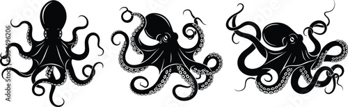 Octopus silhouettes, marine animal vector, tentacle design clipart, black sea creature icons, ocean illustration set, aquatic art