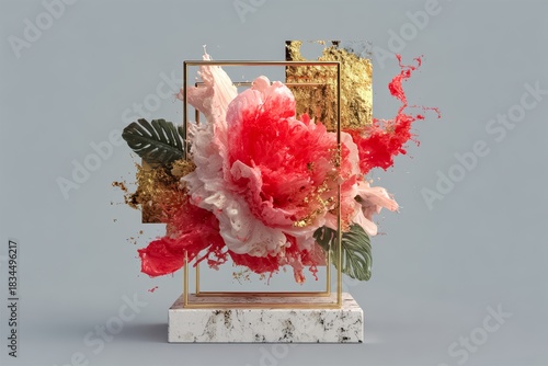 Gold frame with a red and white flower in the center. The flower is surrounded by gold and red splatters