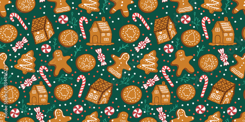 Seamless repeating pattern featuring various gingerbread cookies, houses, and candy canes. Perfect tileable background for gift paper, fabric, textiles, and seasonal website design. Highquality vector