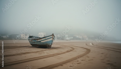 Weathered blue and white wooden fishing boat rests on a sandy shore with tire tracks leading towards a seaside town obscured by dense, atmospheric fog