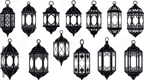 Collection of various black silhouette traditional arabic lantern designs for ramadan or islamic celebration