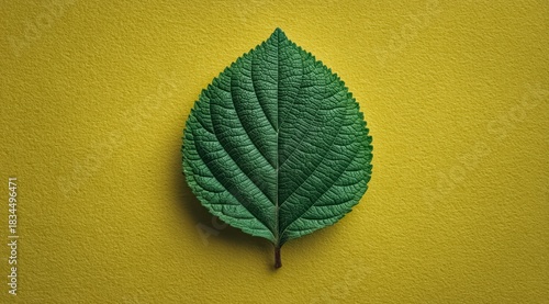 Leaf is on a yellow surface. The leaf is green and has a pointed tip. The yellow surface is smooth