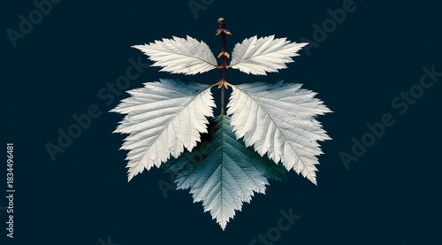 Leaf with a white stem is shown on a blue background. The leaf is very thin and has a very delicate appearance