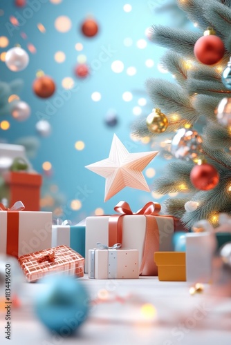 Elegant christmas tree decor with gift boxes and soft bokeh background