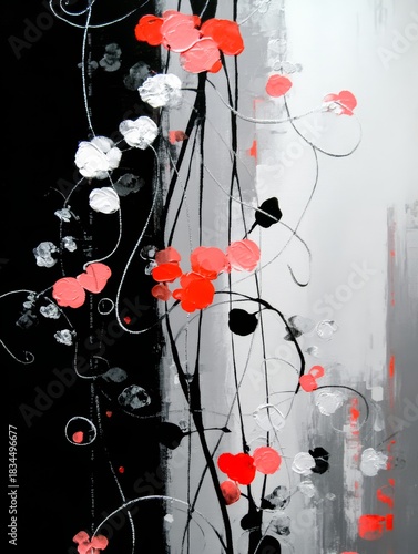 Painting of flowers with red and white paint. The flowers are arranged in a way that creates a sense of movement
