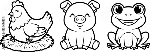 Cute cartoon outline set of farm and amphibian animals including chicken, pig, and frog for coloring book