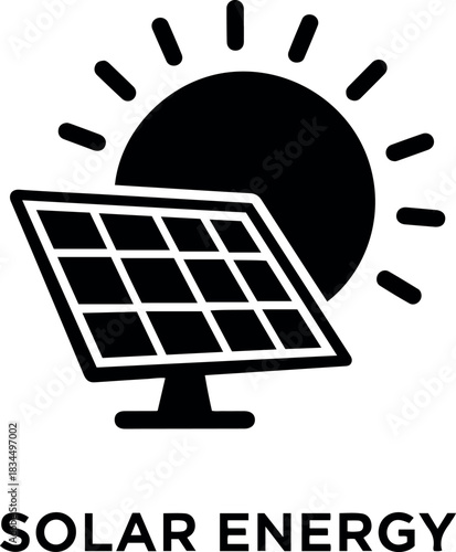 Ai technology icon vector illustration of a solar panel with a sun shining behind it, representing renewable energy source and power