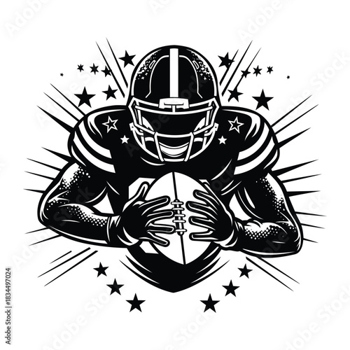 American football player silhouette holding ball, aggressive sports logo design, black and white vector illustration, dynamic athletic emblem, rugby style icon, star burst background graphic artwork