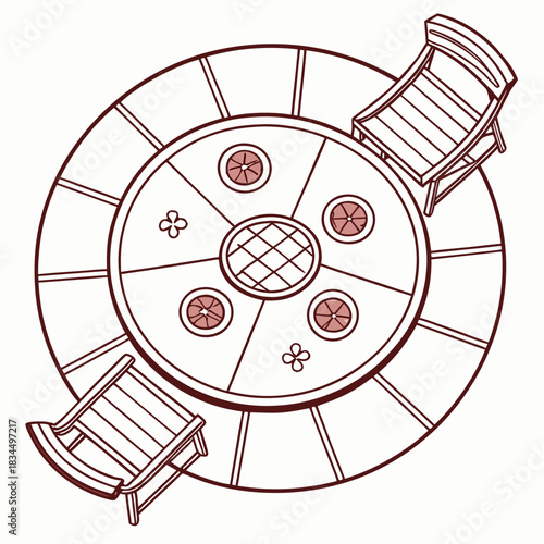 Circular table with decorative elements and two wooden chairs  