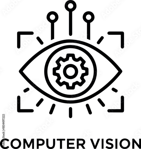 Ai technology icon vector illustration of an eye with a gear inside, surrounded by sensors, representing computer vision