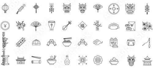 Set of outline icons related to chinese new year festival celebrations and traditions