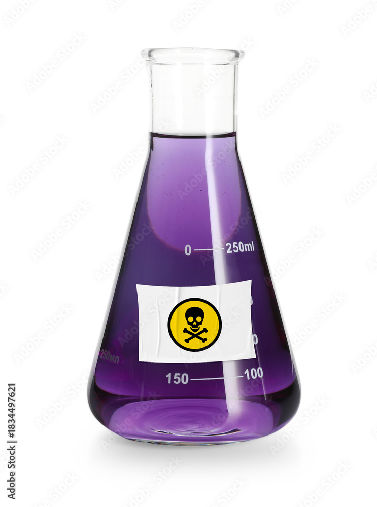 Obraz premium Poison in conical flask isolated on white. Laboratory glassware with skull and crossbones label