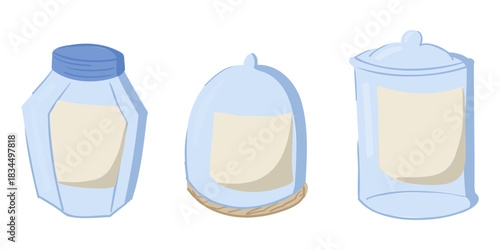 Set of three empty glass jars with lids illustrated in a simple clean style. The concept represents storage, organization and versatile household containers