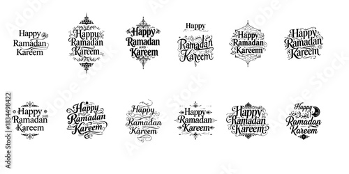 Happy ramadan typography set of black and white combo design, ramadan kareem set of lettering design seamless pattern background. 