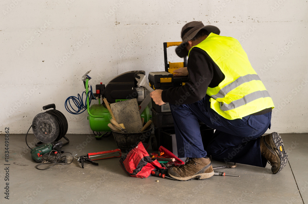 Fototapeta premium Construction Worker Adjusting Equipment with Pipe Wrench