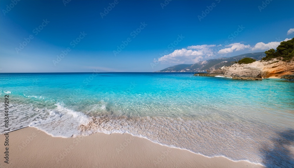 Obraz premium an image of a sandy beach with clear blue water perfect for serene and tranquil vacation destinations idyllic coastline
