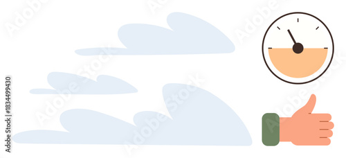 Clouds representing speed, hand giving thumbs up for approval, and a speedometer symbolizing timing. Ideal for productivity, efficiency, time management, progress, workflow, success decision-making