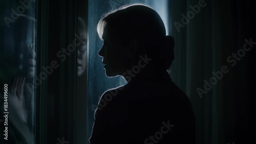Silhouette of a thoughtful person standing indoors, with a window reflection in the background, conveying introspective moments Stock Video