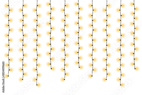 Realistic warm glowing string lights or christmas fairy light overlay with soft warm white illumination for wedding festive event celebration and home decoration on transparent background