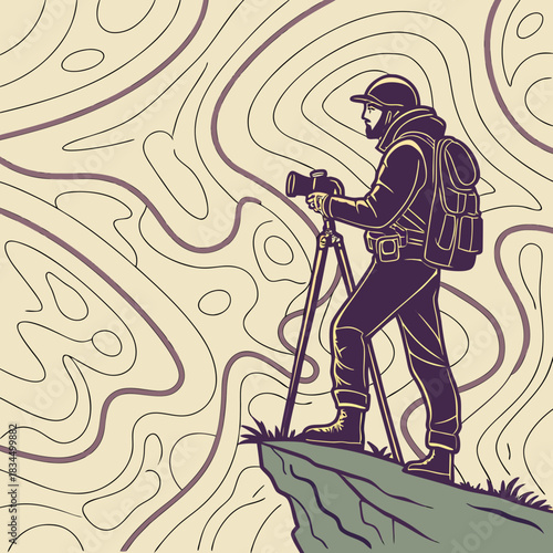 Outdoor Photography & Adventure Vector: Hiker/Photographer on a Cliff Edge with Camera and Tripod against Topographical Map Lines, Representing Travel