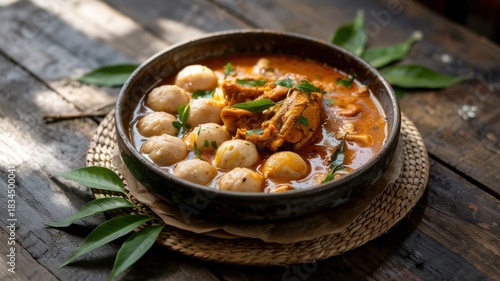 The national dish of Kerala cuisine.
Pidiyum Kozhiyum rice flour dumplings with spicy chicken curry.