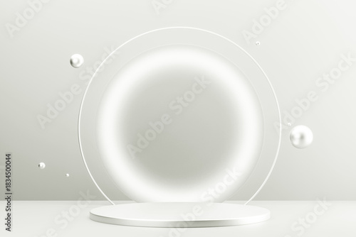 Minimalist 3d render with a round stage, clear circle frame, and floating spheres for product presentation. Color of 2026 year dancer in the white cloud
