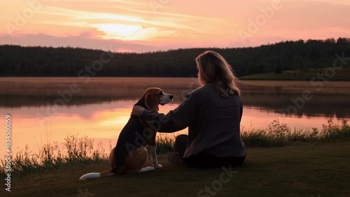 A tranquil moment of a person and their dog enjoying a serene sunset by the lake. This touching scene evokes feelings of peace and companionship.  Stock Video