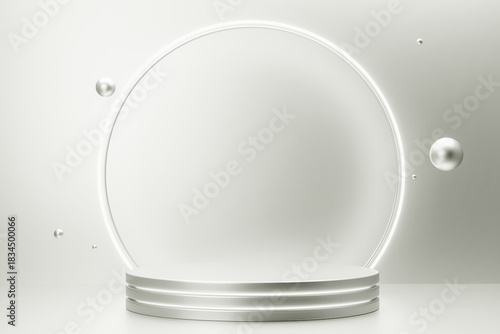White modern podium with a subtle glow for product presentation or futuristic background. Abstract spheres floating around. Color of 2026 year dancer in the white cloud