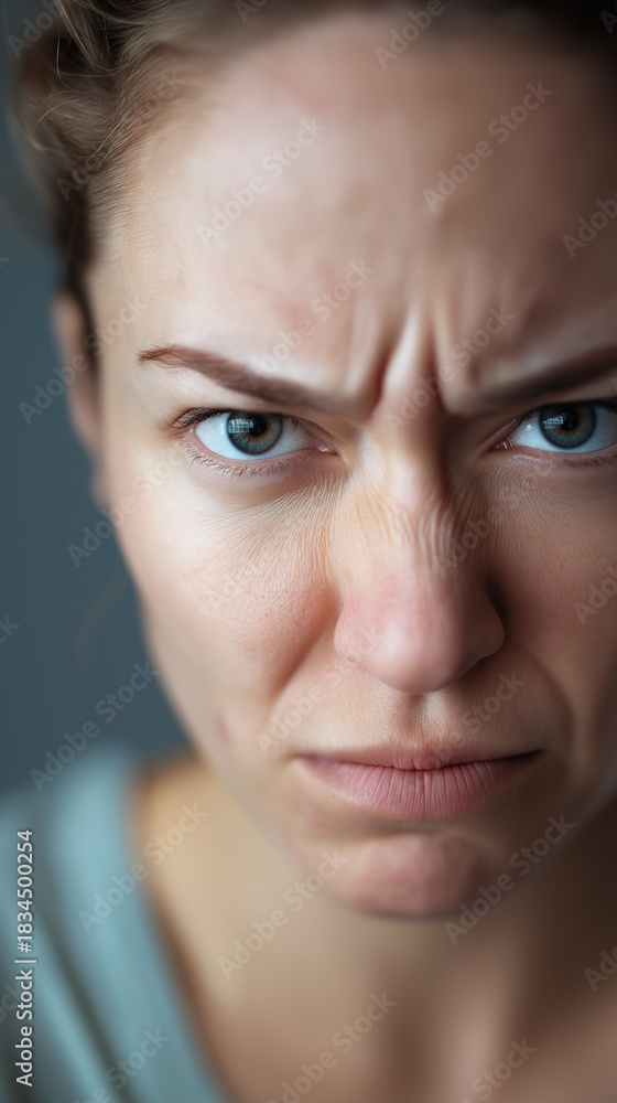 Fototapeta premium Intense close-up of a person with a strongly angry facial expression and furrowed brows. 