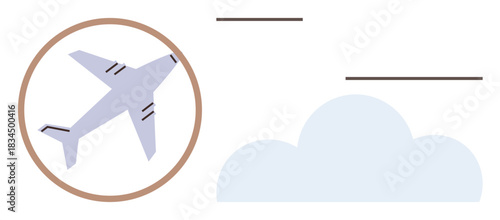 Airplane soaring above clouds within a circular frame, representing travel, aviation, logistics, exploration, global connection, freedom, and innovation. Simple flat metaphor