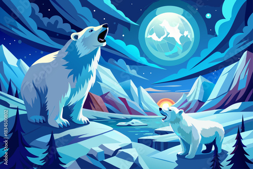 Two polar bears howling under a bright full moon in a snowy winter landscape, dramatic Arctic wildlife scene with icy terrain, serene night atmosphere and powerful animal behavior depiction.